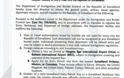 Validity of entry visa into the Republic of Somaliland