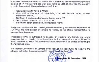 safaaraddii Soomaaliya ku lahaanjirtay Paris, France Oo La iibiyay cadayn.